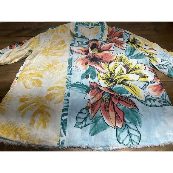 John Mark Womens Top Extra Large Linen Button Up Blouse Cinch Sleeves Art Boho - Picture 2 of 13